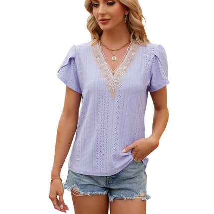 Women's Short Petal Sleeve Shirts Lace V Neck T Shirt Loose Tops