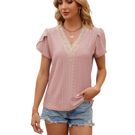 Women's Short Petal Sleeve Shirts Lace V Neck T Shirt Loose Tops