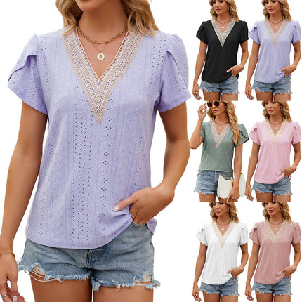 Women's Short Petal Sleeve Shirts Lace V Neck T Shirt Loose Tops