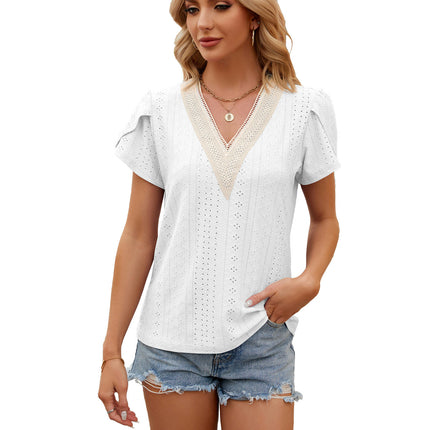 Women's Short Petal Sleeve Shirts Lace V Neck T Shirt Loose Tops