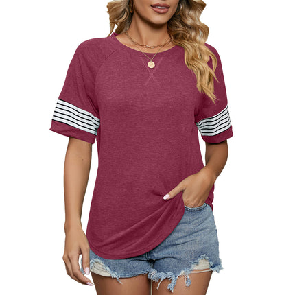 Women Summer Casual Shirts Short Sleeve T Shirt Crew Neck Striped Tunic Tops