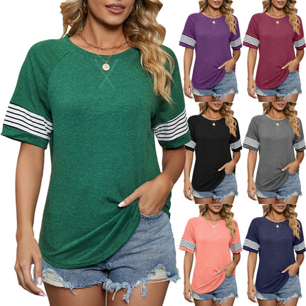 Women Summer Casual Shirts Short Sleeve T Shirt Crew Neck Striped Tunic Tops