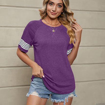 Women Summer Casual Shirts Short Sleeve T Shirt Crew Neck Striped Tunic Tops