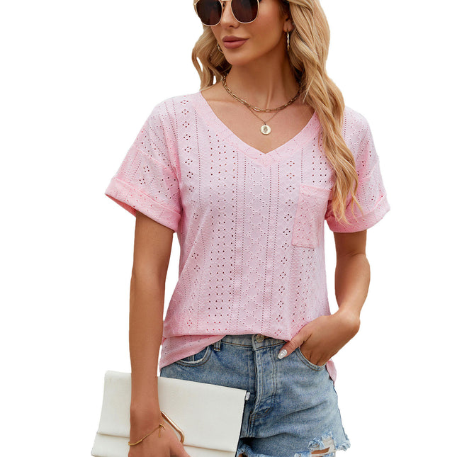 Women's Summer Short Sleeve V Neck T Shirts Pocket Solid Loose Casual Tops