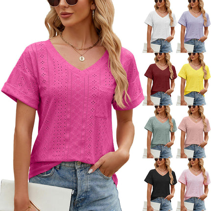 Women's Summer Short Sleeve V Neck T Shirts Pocket Solid Loose Casual Tops