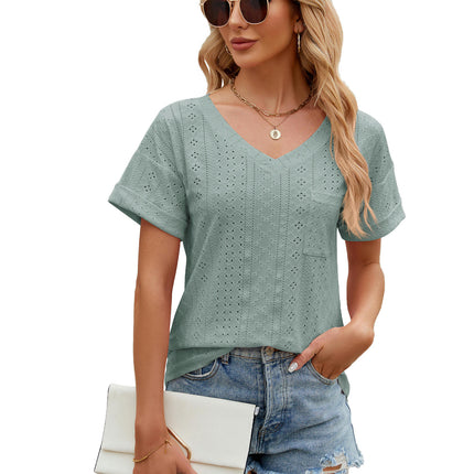 Women's Summer Short Sleeve V Neck T Shirts Pocket Solid Loose Casual Tops