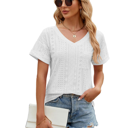 Women's Summer Short Sleeve V Neck T Shirts Pocket Solid Loose Casual Tops