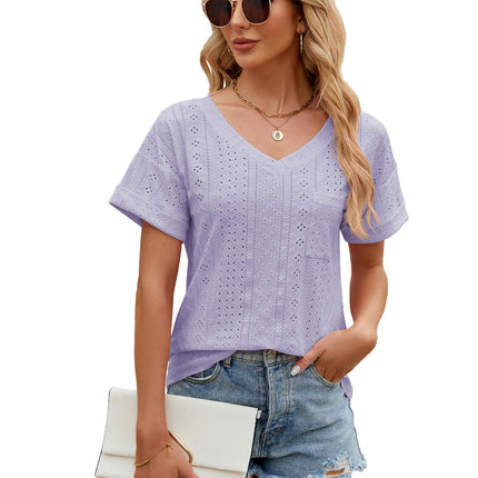 Women's Summer Short Sleeve V Neck T Shirts Pocket Solid Loose Casual Tops