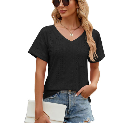 Women's Summer Short Sleeve V Neck T Shirts Pocket Solid Loose Casual Tops