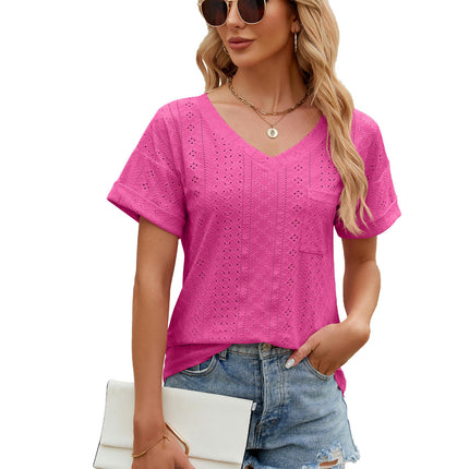 Women's Summer Short Sleeve V Neck T Shirts Pocket Solid Loose Casual Tops