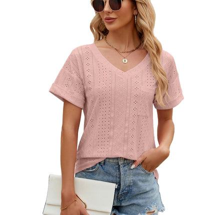 Women's Summer Short Sleeve V Neck T Shirts Pocket Solid Loose Casual Tops