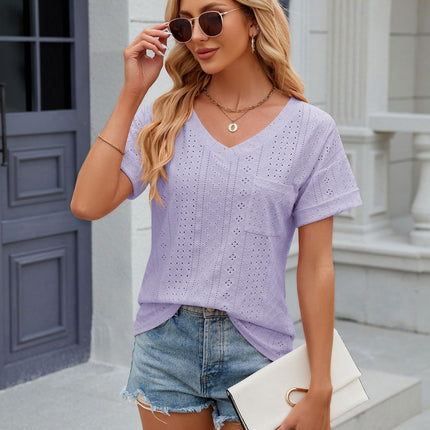 Women's Summer Short Sleeve V Neck T Shirts Pocket Solid Loose Casual Tops