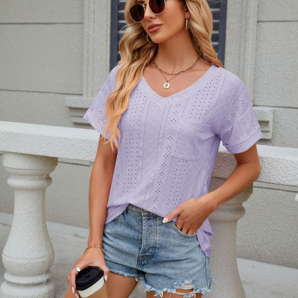 Women's Summer Short Sleeve V Neck T Shirts Pocket Solid Loose Casual Tops