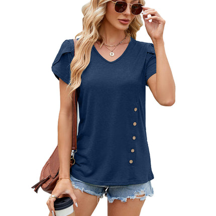 Women's Summer Tunic Tops Casual Petal Short Sleeve V Neck Blouse Buttons Tshirts