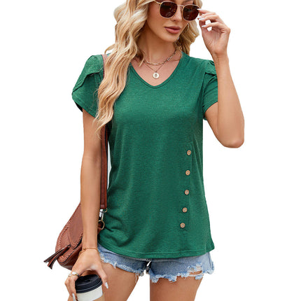 Women's Summer Tunic Tops Casual Petal Short Sleeve V Neck Blouse Buttons Tshirts