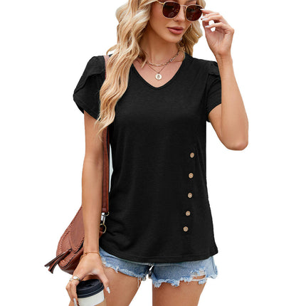 Women's Summer Tunic Tops Casual Petal Short Sleeve V Neck Blouse Buttons Tshirts