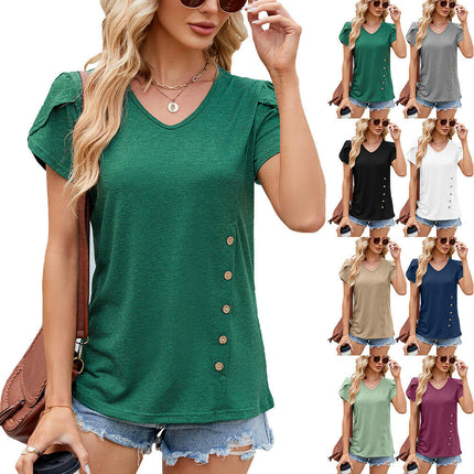 Women's Summer Tunic Tops Casual Petal Short Sleeve V Neck Blouse Buttons Tshirts