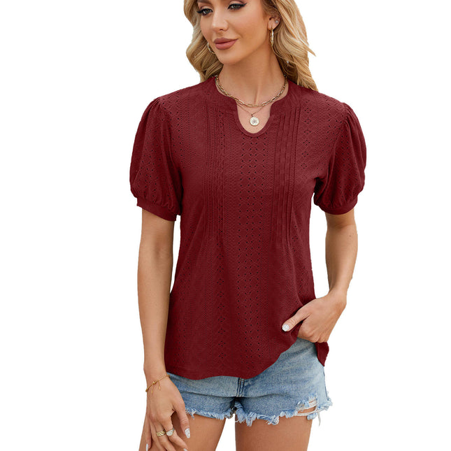 Women's Casual Summer V-Neck T-Shirts Puff Short Sleeve Tops Tunic Blouses