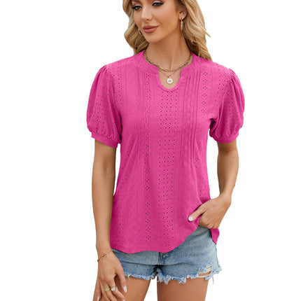 Women's Casual Summer V-Neck T-Shirts Puff Short Sleeve Tops Tunic Blouses