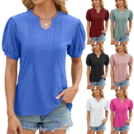 Women's Casual Summer V-Neck T-Shirts Puff Short Sleeve Tops Tunic Blouses