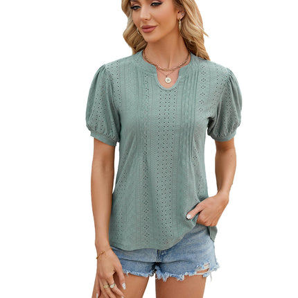 Women's Casual Summer V-Neck T-Shirts Puff Short Sleeve Tops Tunic Blouses