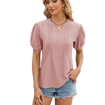 Women's Casual Summer V-Neck T-Shirts Puff Short Sleeve Tops Tunic Blouses