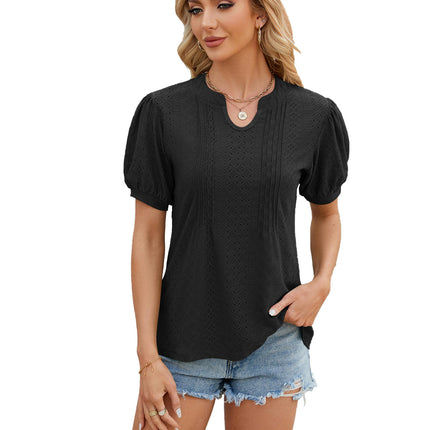 Women's Casual Summer V-Neck T-Shirts Puff Short Sleeve Tops Tunic Blouses