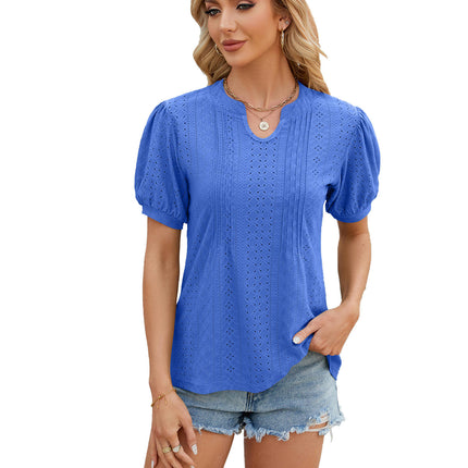 Women's Casual Summer V-Neck T-Shirts Puff Short Sleeve Tops Tunic Blouses