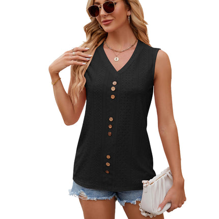 Women Tank Tops Summer Eyelet Sleeveless Button V Neck Loose Tunic Shirts