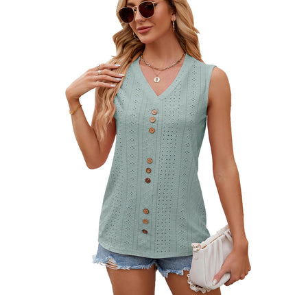 Women Tank Tops Summer Eyelet Sleeveless Button V Neck Loose Tunic Shirts