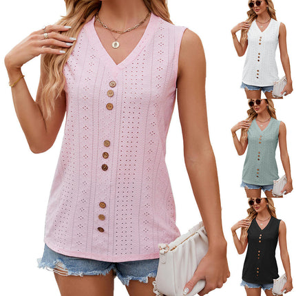 Women Tank Tops Summer Eyelet Sleeveless Button V Neck Loose Tunic Shirts