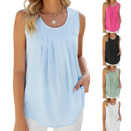 Women's Summer Tank Tops Sleeveless Chiffon Blouse Loose Round Neck Casual Shirts Model E