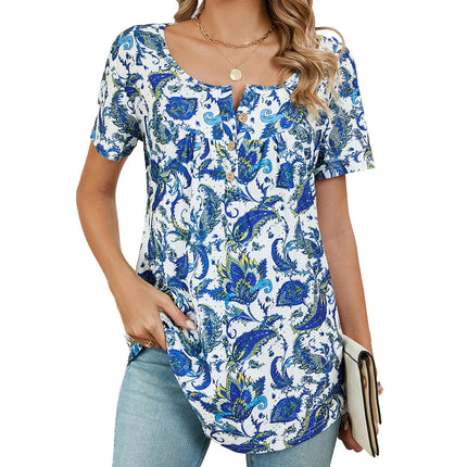 Women's Floral Printed Short Sleeve Button Round Neck T-Shirt Pleated Casual Flowy Tunic Tops