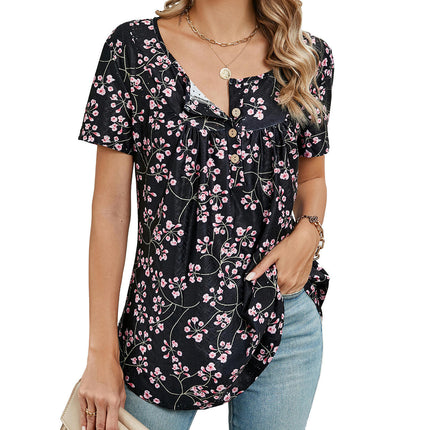 Women's Floral Printed Short Sleeve Button Round Neck T-Shirt Pleated Casual Flowy Tunic Tops