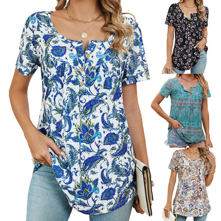 Women's Floral Printed Short Sleeve Button Round Neck T-Shirt Pleated Casual Flowy Tunic Tops