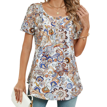 Women's Floral Printed Short Sleeve Button Round Neck T-Shirt Pleated Casual Flowy Tunic Tops