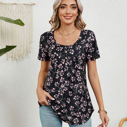 Women's Floral Printed Short Sleeve Button Round Neck T-Shirt Pleated Casual Flowy Tunic Tops