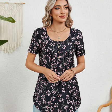 Women's Floral Printed Short Sleeve Button Round Neck T-Shirt Pleated Casual Flowy Tunic Tops