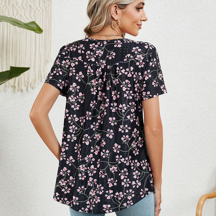 Women's Floral Printed Short Sleeve Button Round Neck T-Shirt Pleated Casual Flowy Tunic Tops