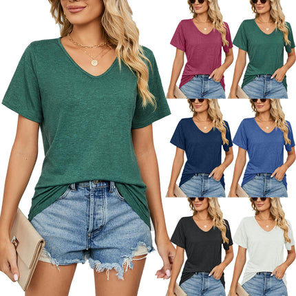 Women's Tops Casual V Neck Short Sleeve Solid Color Basic T Shirt