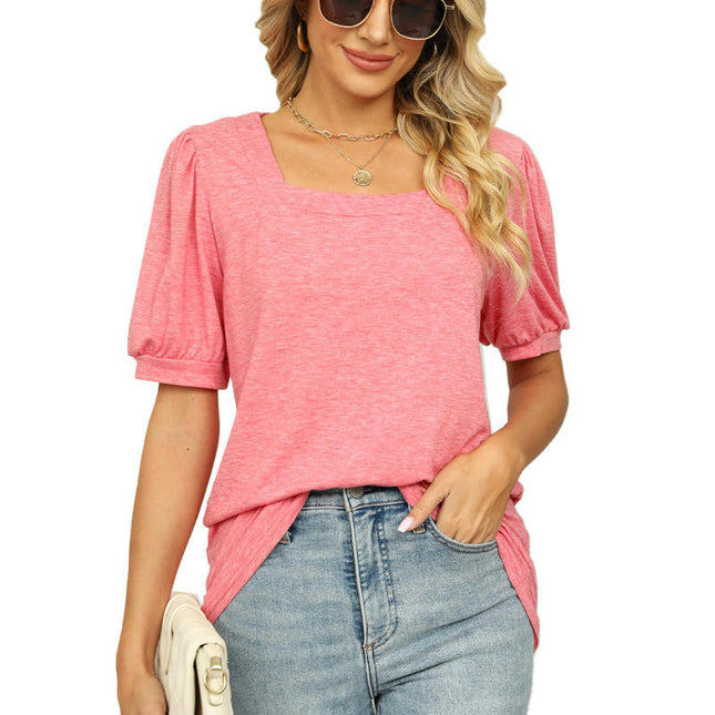 Women's Tops Square Neck Puff Short Sleeve T Shirts Loose Casual Blouse