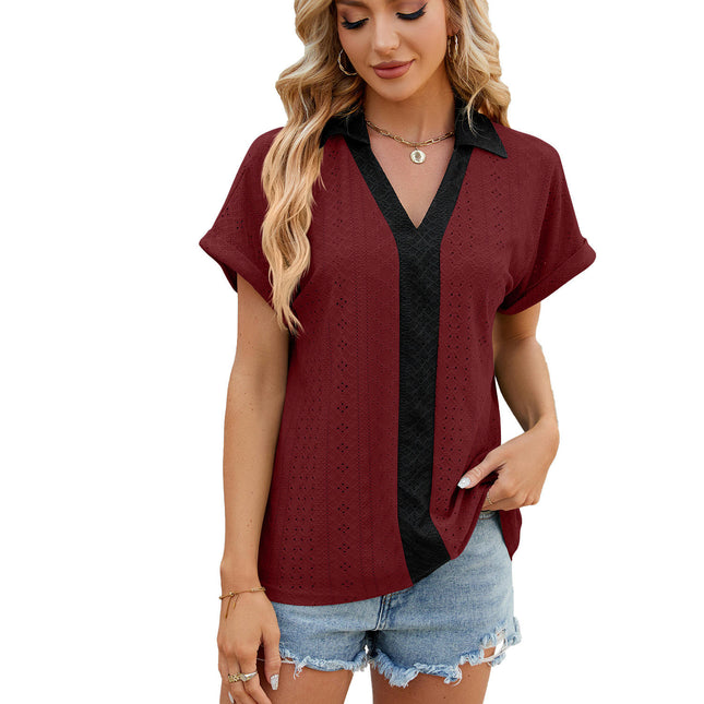 Women's Short Sleeve Tops Eyelet Casual V Neck Blouses T Shirts