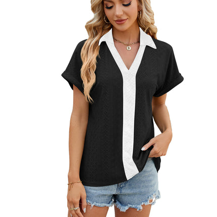 Women's Short Sleeve Tops Eyelet Casual V Neck Blouses T Shirts