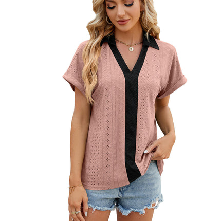 Women's Short Sleeve Tops Eyelet Casual V Neck Blouses T Shirts