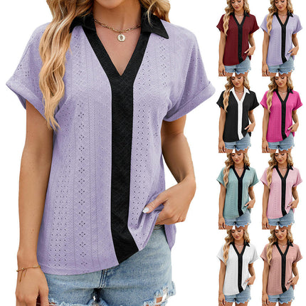 Women's Short Sleeve Tops Eyelet Casual V Neck Blouses T Shirts