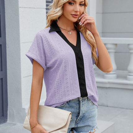 Women's Short Sleeve Tops Eyelet Casual V Neck Blouses T Shirts