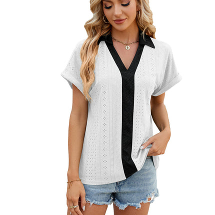 Women's Short Sleeve Tops Eyelet Casual V Neck Blouses T Shirts