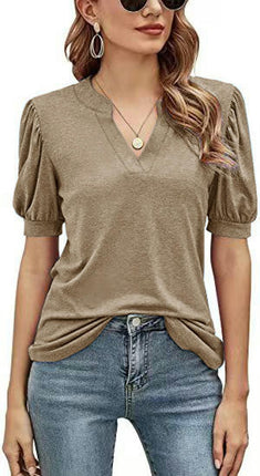 Women's Casual Puff Short Sleeve V Neck Shirt Tunic Top