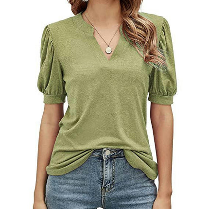 Women's Casual Puff Short Sleeve V Neck Shirt Tunic Top