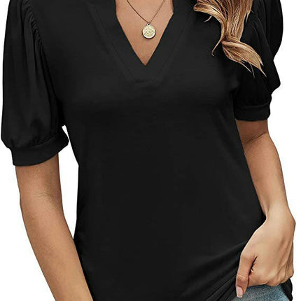 Women's Casual Puff Short Sleeve V Neck Shirt Tunic Top